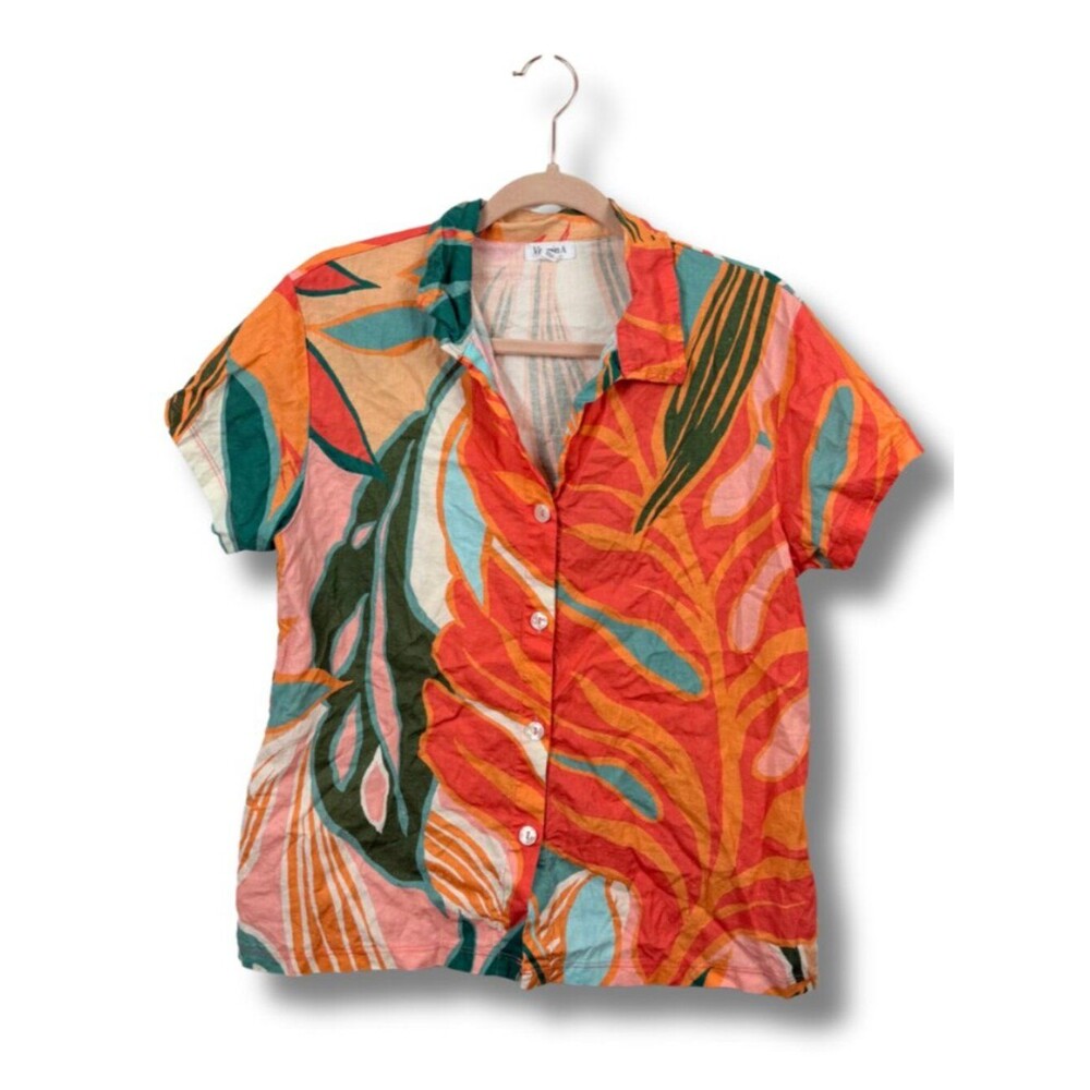 Vitamin A | Multicolor Tropical Short Sleeve Linen Blend Button Up Top Sz S